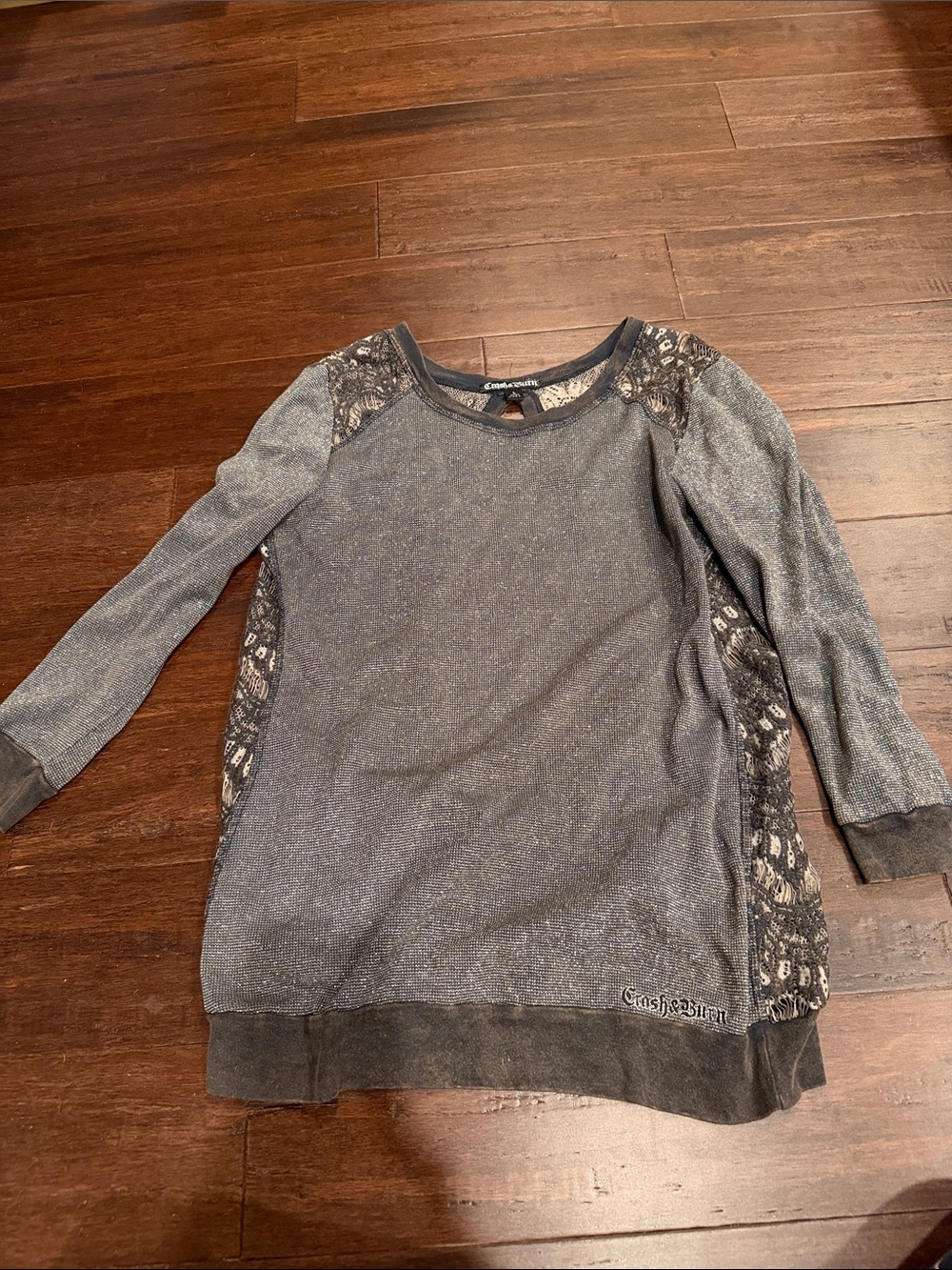 Crash & Burn Gray Metallic Lace-Panel Raglan Sweatshirt